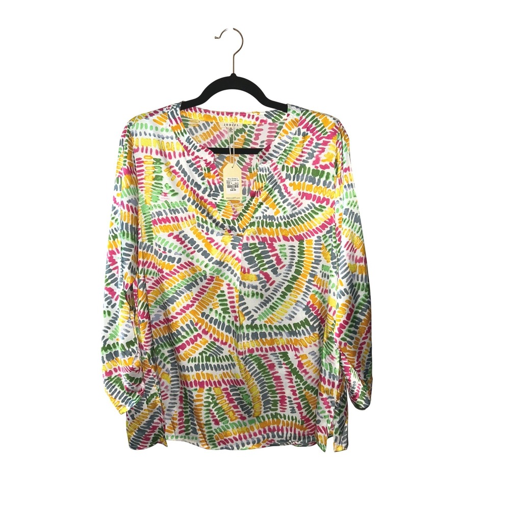 Jodifl‎ Multi Color Abstract Print 3/4 Roll Tab Sleeve V-Neck Blouse M